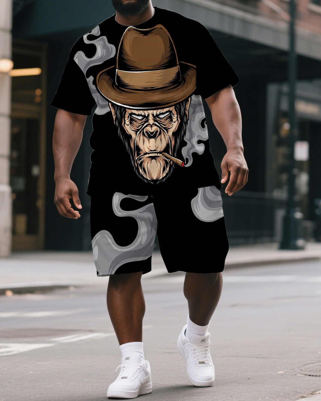 Big & Tall Men's Casual Cartoon Elder Gorillas Print Short-Sleeved T-shirt and Short Set