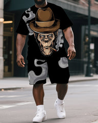 Big & Tall Men's Casual Cartoon Elder Gorillas Print Short-Sleeved T-shirt and Short Set