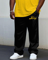 Men's Plus Size Casual Fashion Yellow Special Cuff Stitching Black Short-sleeved T-shirt Trousers Suit