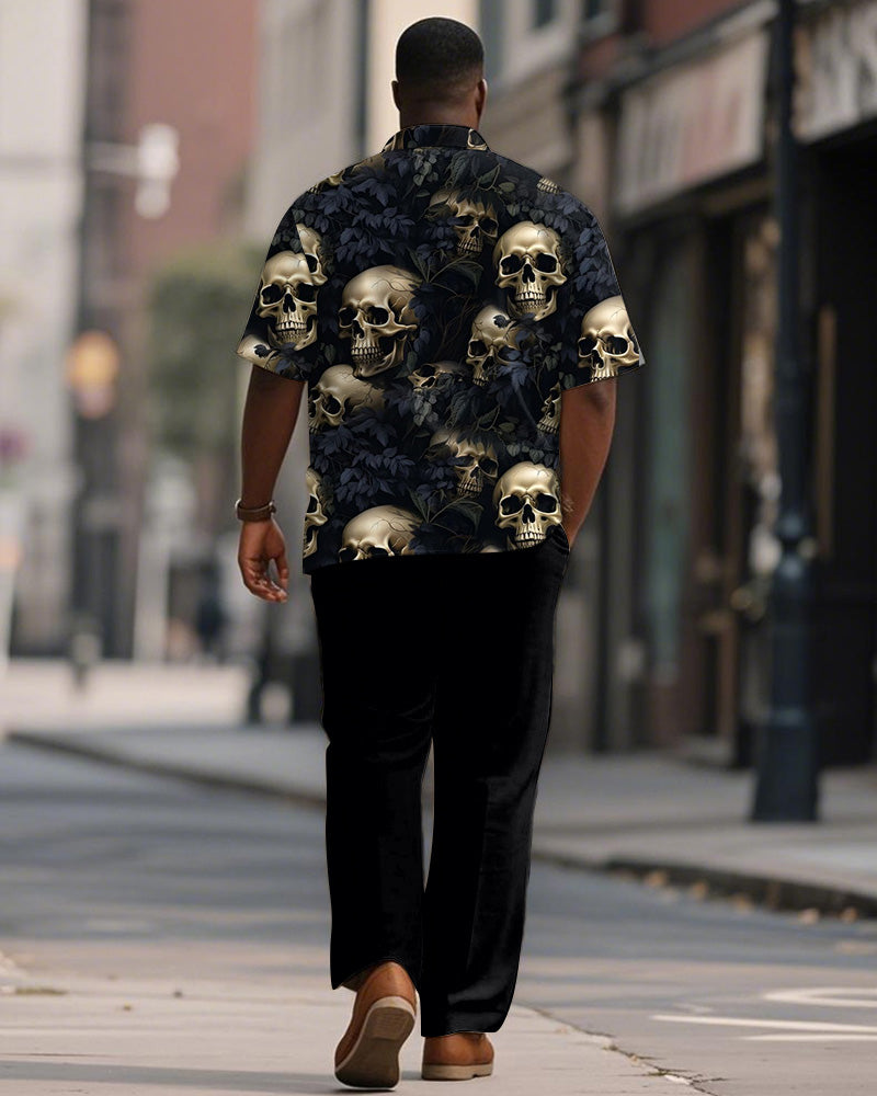 Big & Tall Men's Leaf Black Skull Print Short Sleeve Shirt Trousers Suit