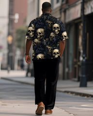 Big & Tall Men's Leaf Black Skull Print Short Sleeve Shirt Trousers Suit