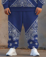 Men's Street Fashion Versatile Blue Paisley Geometric Print Plus Size Hoodie Set
