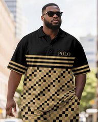 Men's Plus Size Daily Black And Yellow Patchwork Letter Print Short-sleeved Polo Shirt Shorts Suit