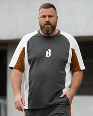 Big & Tall Men's Dark Gray Patchwork B Letter Printed Round Neck Short Sleeve T-Shirt Shorts Suit