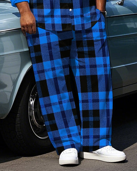 Big Men's Simple Classic Blue & Black Plaid Printed Daily Casual Long Sleeve Shirt Pants Set
