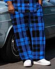 Big Men's Simple Classic Blue & Black Plaid Printed Daily Casual Long Sleeve Shirt Pants Set