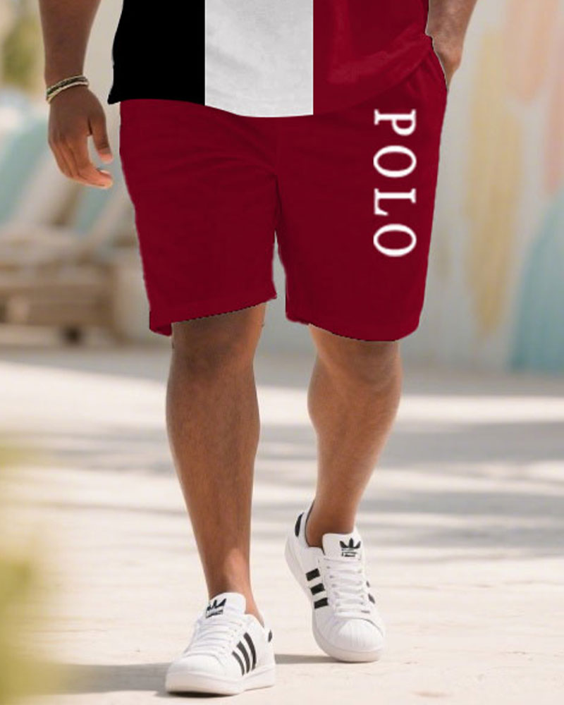 Big & Tall Men's Summer Black & White & Red Striped Polo Short Sleeve Shirt Shorts Suit