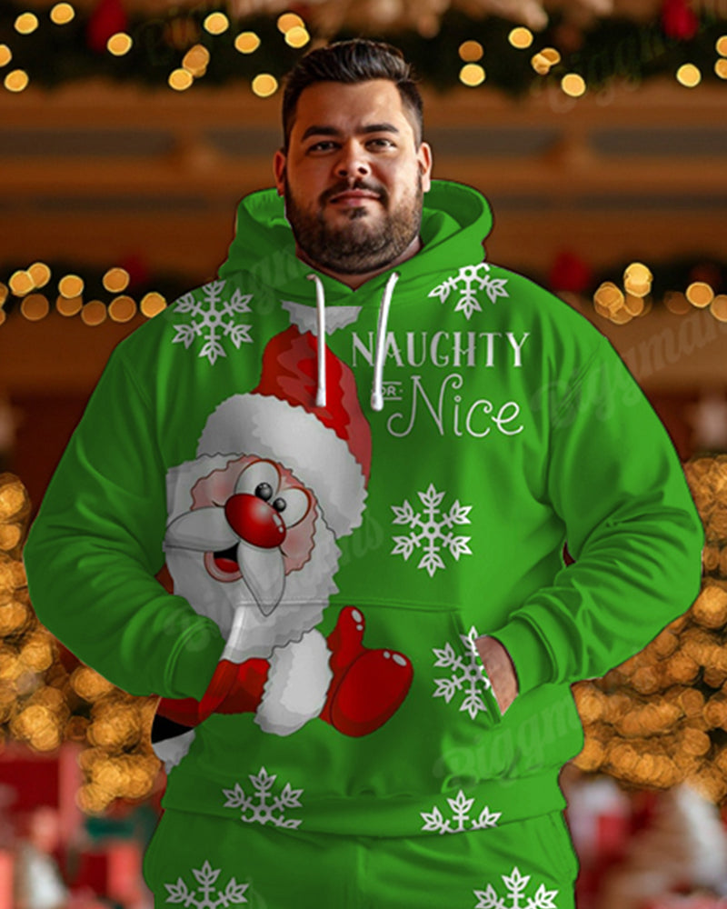 Men's Christmas Green Snowflake Santa Print Big and Tall Hoodie Set