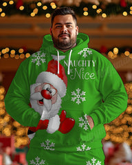 Men's Christmas Green Snowflake Santa Print Big and Tall Hoodie Set