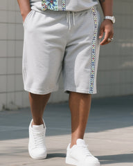 Men's Plus Size Fashion Grey Creative Stripe Print T-Shirt Shorts Suit