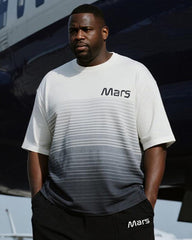 Big & Tall Men's Gradient Light Gray Stripe Mars Alphabet Print T-Shirt Trousers Suit
