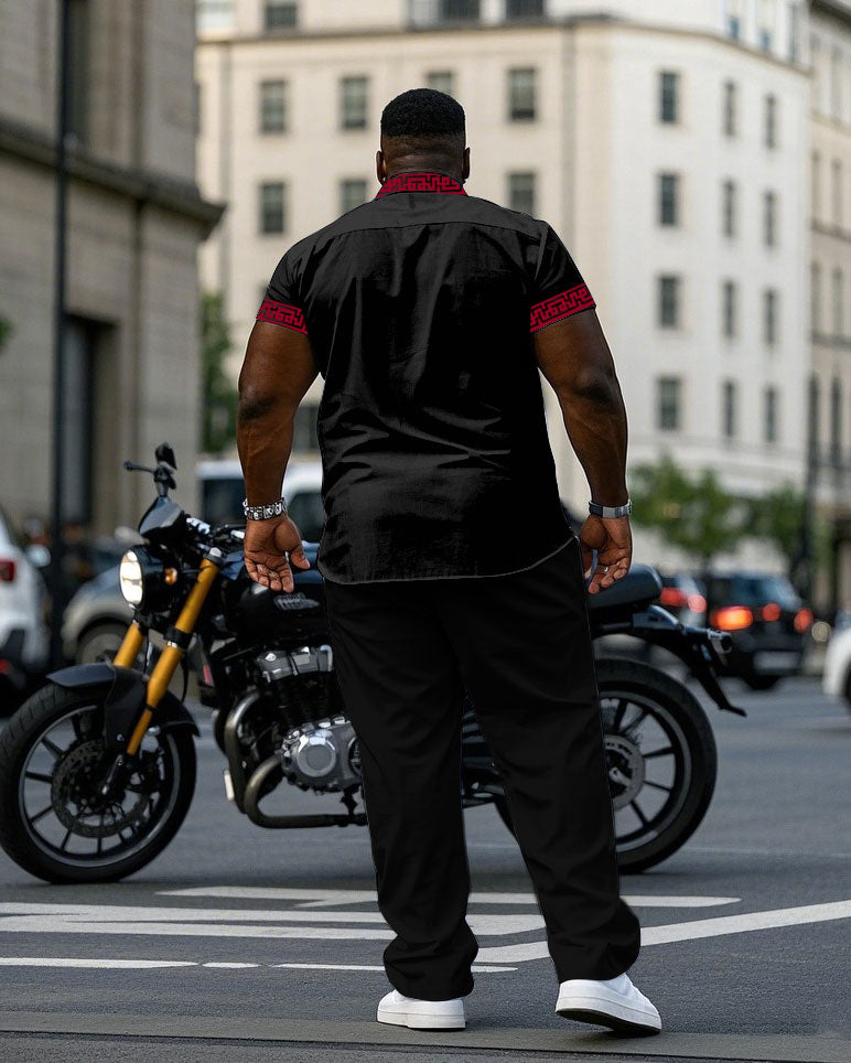 Men's Plus Size Black Characteristic Placket Cuff Pants Pocket Stitching Red Riding Short Sleeve Shirt Trousers Suit