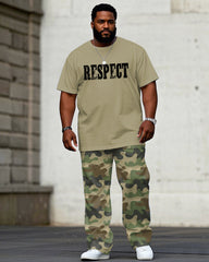 Men's Plus Size Casual Khakis & Green Army Camouflage "Respect" Slogan Chest Print Short-sleeved T-shirt Trousers Suit