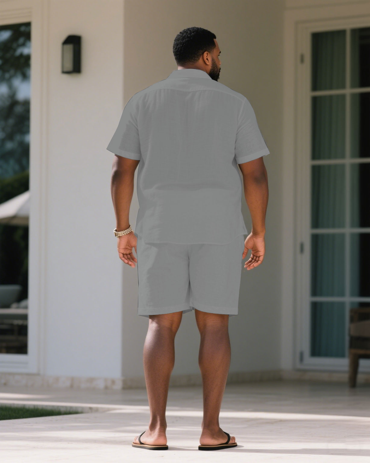 Men's Plus Size Grey & Black Personality Art Brush Print Short Sleeve Shirt Shorts Suit
