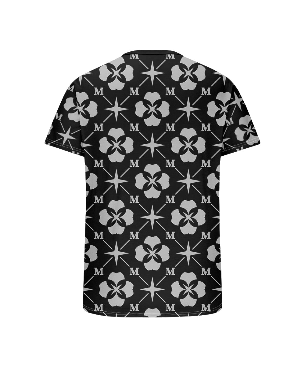 Big & Tall Men's Black Geometric Alphabet Print Henry Collar Button Short Sleeve Tee