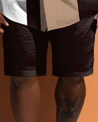 Big Guys Simple Striped Colorblock Printed Short Sleeve Shirt And Shorts Set