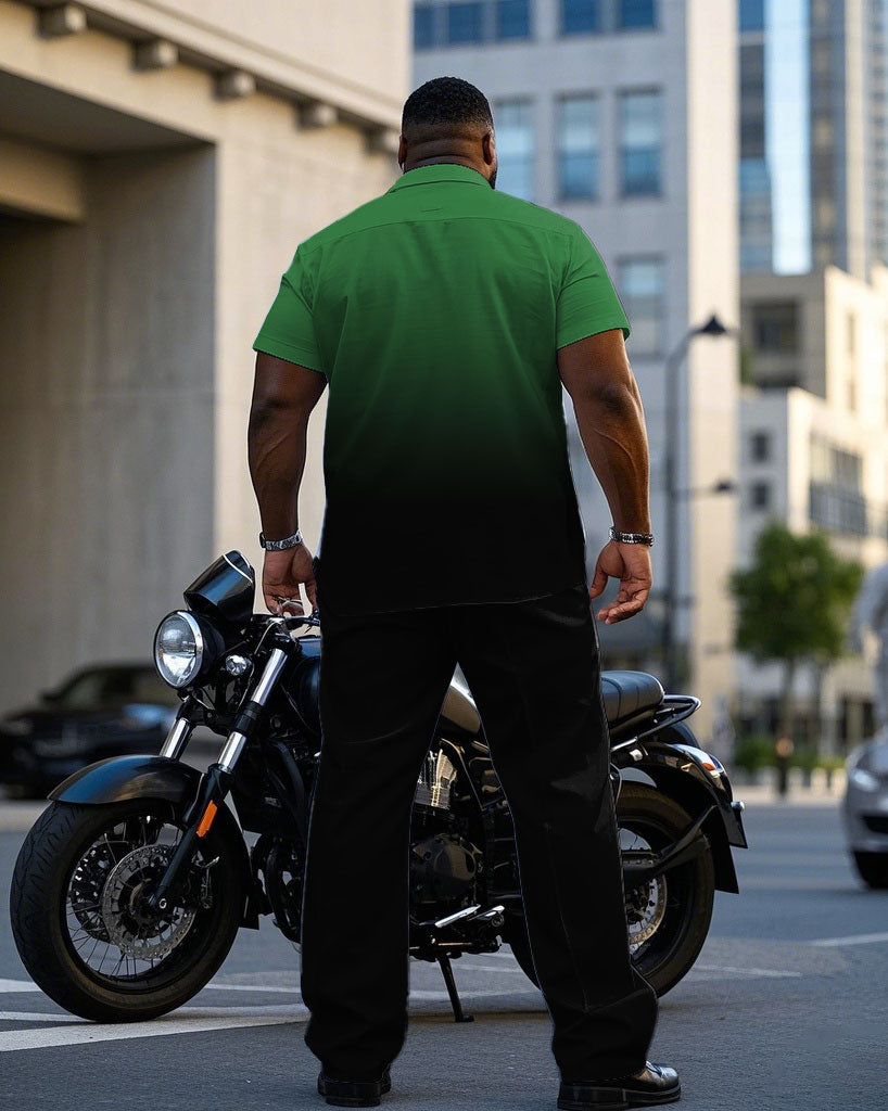 Men's Plus Size Black & Green Gradient Short Sleeve Shirt Trousers Suit