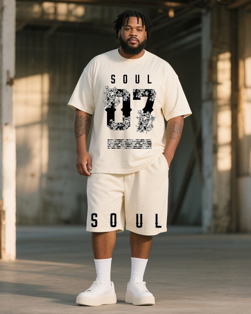 Big & Tall Men's Vintage Painting SOUL 07 Floral Print Round Neck Short Sleeve T-Shirt Shorts Suit