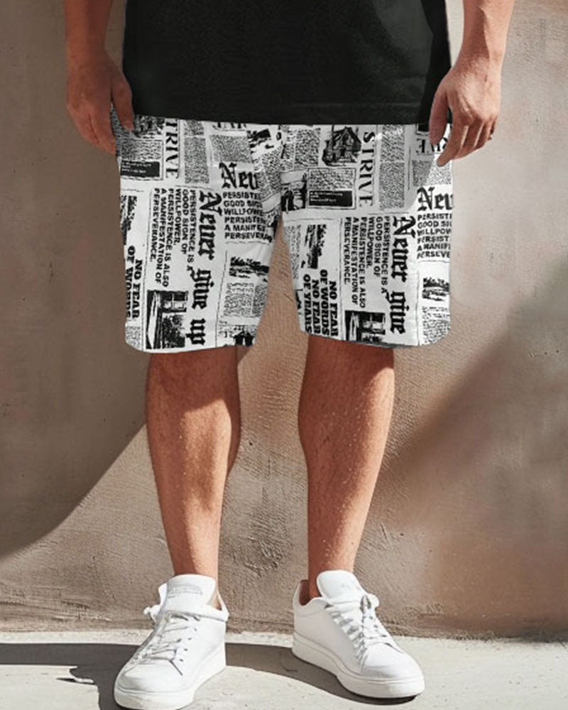 Men's Plus Size Street Casual Newspaper Bear Print T-Shirt Shorts Suit