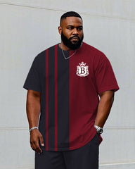 Men's Plus Size Black Grey & Red Chest Badge Short Sleeve T-Shirt Trousers Suit