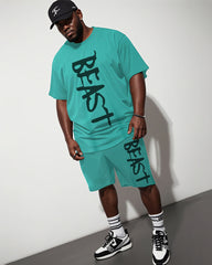Men's Plus Size Street Hip Hop Green Beast Alphabet Print Short Sleeve T-Shirt Shorts Suit