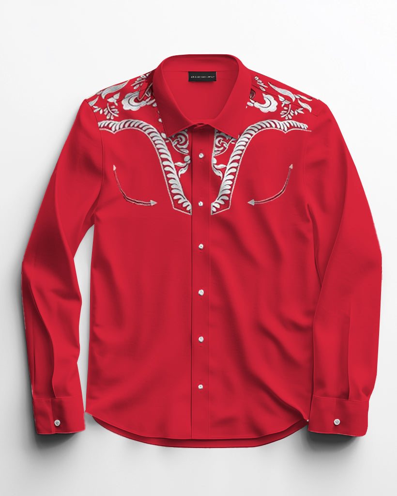 Big Men's Causal Western Embroidered Red Long Sleeve Shirt