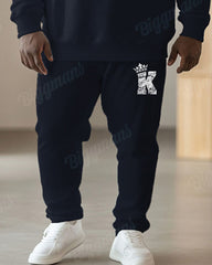 Men's Simple Red Stripe K-letter Print Plus Size Round Collar Sweatshirt Suit