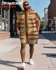 Big & Tall Men's Yellow Geometric Colorblock Diamond Print Short Sleeve Polo Shirt Shorts Suit