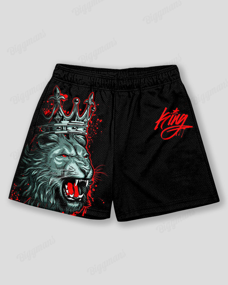 Plus Size Men's Lion Graffiti KING Alphabet Print Sports Mesh Quick Dry Shorts