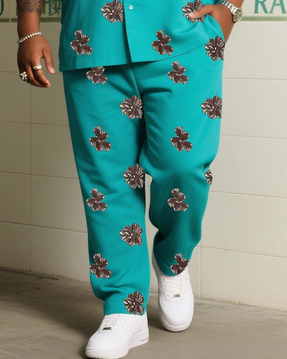 Big Boy Summer Light Blue Retro Creative Printed Short Sleeve Shirt Trousers Suit
