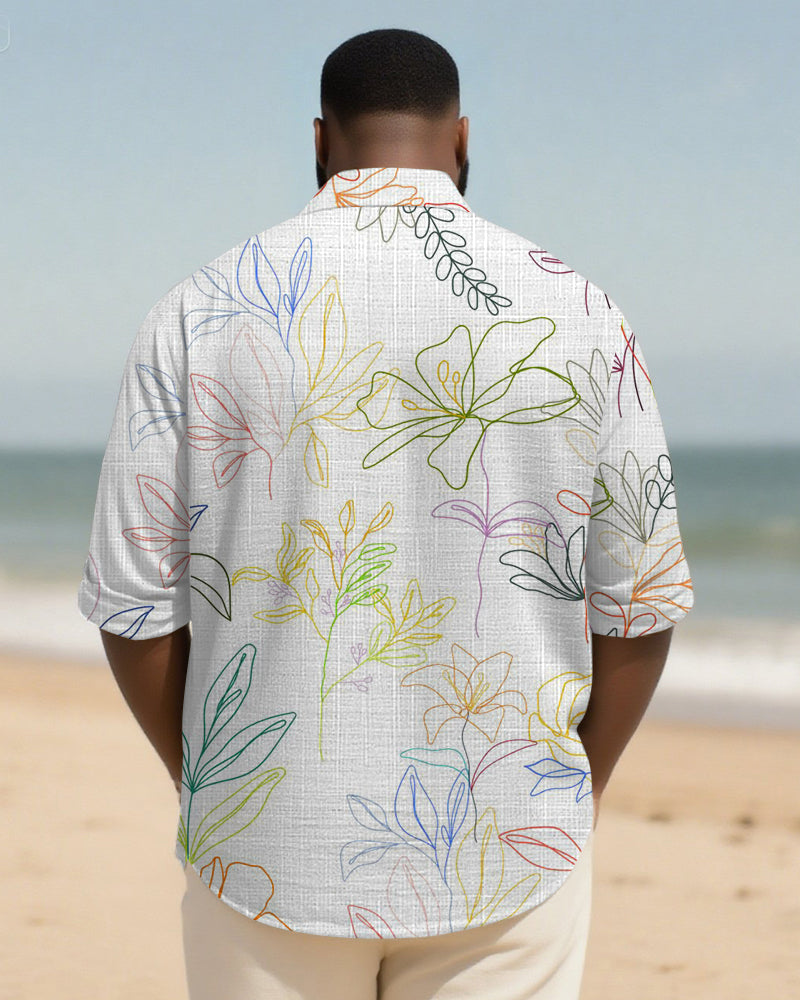 Big & Tall Men's Daily Line Floral Print Long Sleeve Bamboo Hemp Texture Shirt