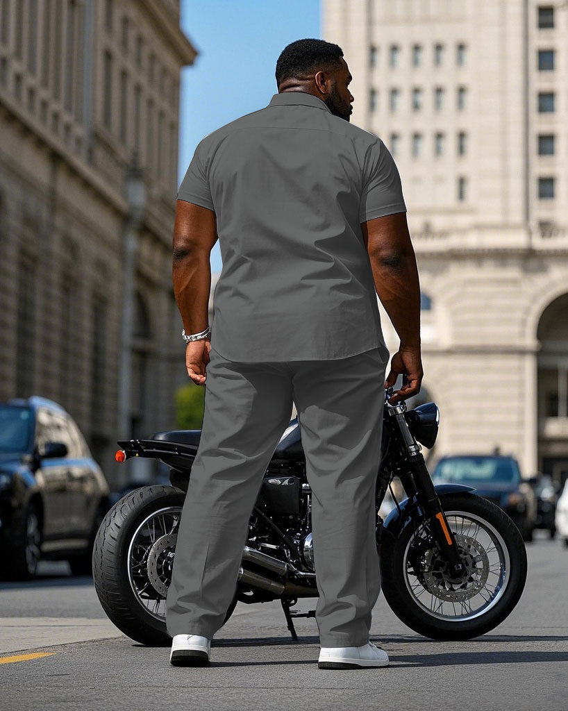 Men's Plus Size Classic Black And White Gray Three Color Simple Short Sleeve Shirt Trousers Suit