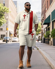 Big & Tall Men's Business Apricot Colorblock Striped Cross Print Short Sleeve Polo Shirt Shorts Suit