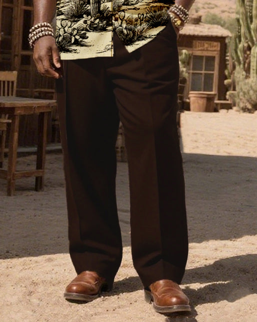 Big & Tall Men's Western Wind Desert Cactus Print-Cuban Collar Short Sleeve Shirt Pants Suit