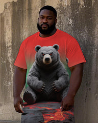 Big Guy's Casual Abstract Bear in Magma Printed 2-Piece Short Sleeve T-Shirt Shorts Set