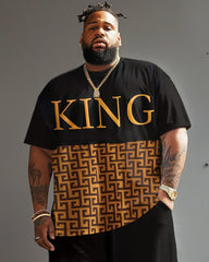 Men's Plus Size Yellow Geometric King Alphabet Print Short Sleeve T-Shirt Shorts Suit