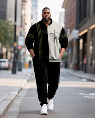 Big & Tall Men's Faith Stripe Colorblock Printed POLO Collar Zipper Long Sleeve Pants Two-Piece Set