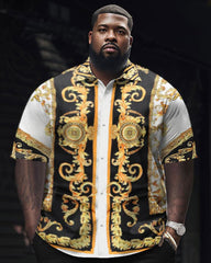 Men's Large Size Classic Retro Pattern Patchwork Pattern Short Sleeve Shirt Set