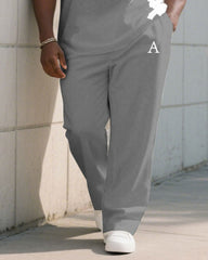 Men's Plus Size Grey & White Distinctive Graffiti Top Small Label Printed Short-Sleeved T-Shirt Trousers Suit