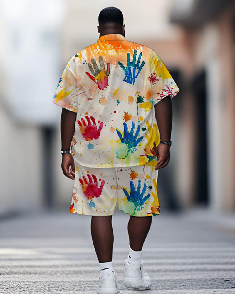 Men's Plus Size Street Fashion Colorful Graffiti Gesture Print Shirt Shorts Suit
