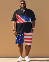 Men's Plus Size Independence Day Flag Patchwork Printed Short Sleeve Shirt Shorts Suit