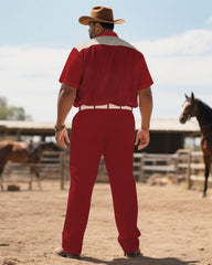 Western Denim-Men's Plus Size Red Guitar Skull Short Sleeve Shirt Pants Suit