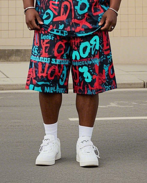 Plus Size Men's Irregular Creative Personality Graffiti English Printed T-shirt Shorts Suit