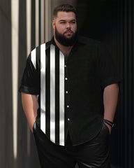 Men's Plus Size Business Simple Vertical Stripe Stitching Short Sleeve Shirt Trousers Suit