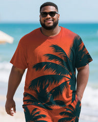 Men's Plus Size Orange Coconut Tree Silhouette Print Round Neck Short Sleeve T-Shirt Shorts Suit