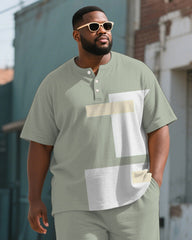 Men's Plus Size Green Colorblock Printed Henry Collar T-shirt Trousers Suit
