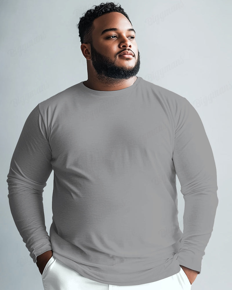 100 Cotton-All-Match Solid Color Men's Loose Big & Tall Long-Sleeved T-Shirt
