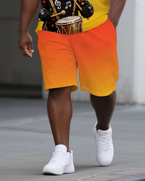 Big Man's Drumming Bear Cartoon Printed Gradient Casual Short-Sleeve Polo Shirt & Shorts Set
