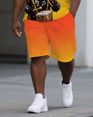 Big Man's Drumming Bear Cartoon Printed Gradient Casual Short-Sleeve Polo Shirt & Shorts Set