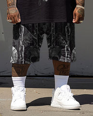 Big Guy's Street Hip Hop Skull Chain Print T-Shirt Shorts Set